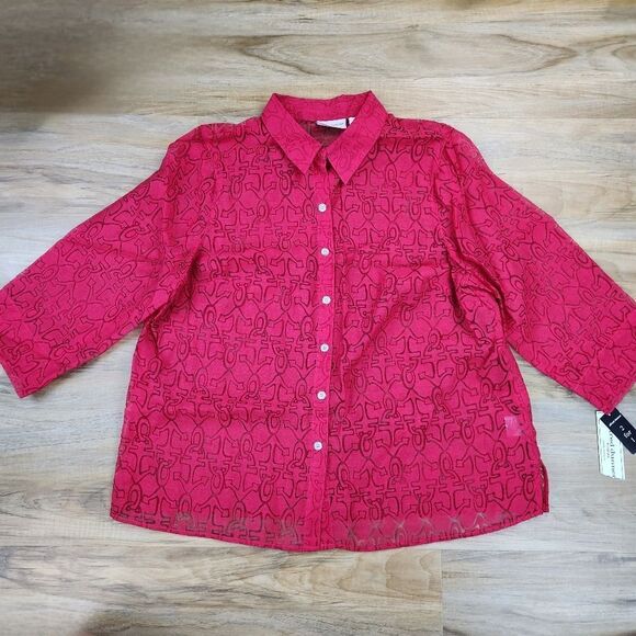 🔹️NWT Alfred Dunner Red Semi-Sheer All Aboard 3/4 Sleeve Size 16W - Picture 1 of 10